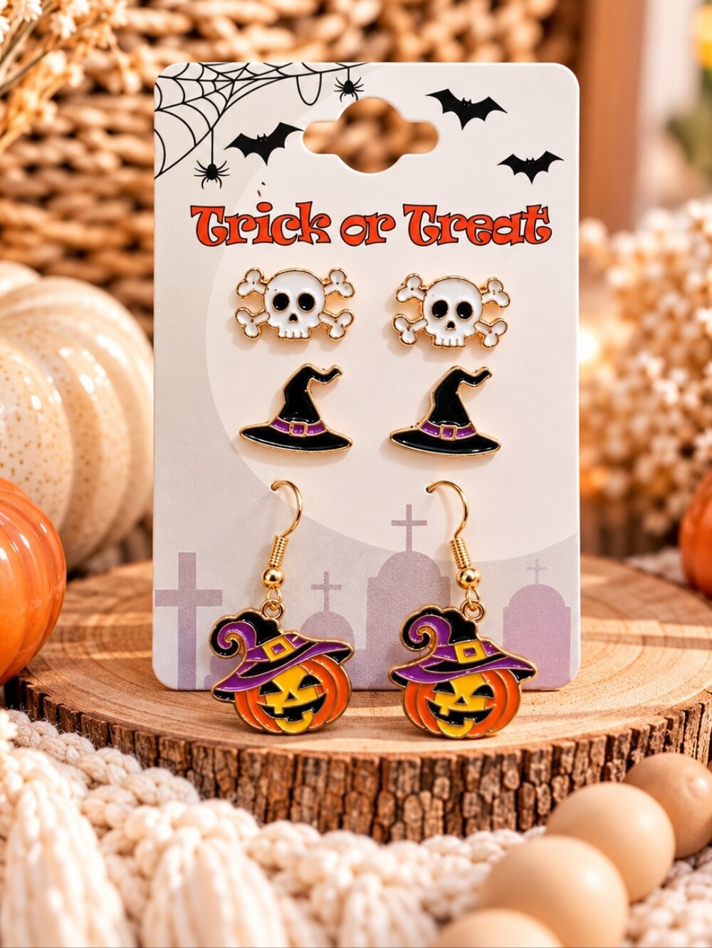 Halloween Pumpkin, Witch Hat & Skull Earring Set 3pk - Orange & Purple